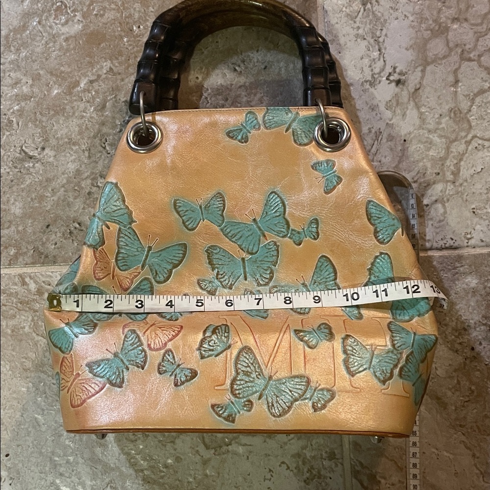 Butterfly Embossed Tan and Green Handbag - Picture 6 of 16